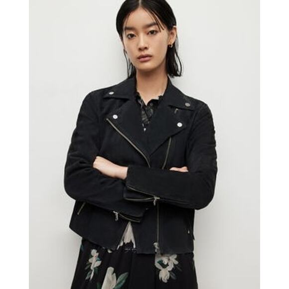 AllSaints Dalby Suede Biker Jacket Classic Long Sleeve Black Women’s Size 6 NWT